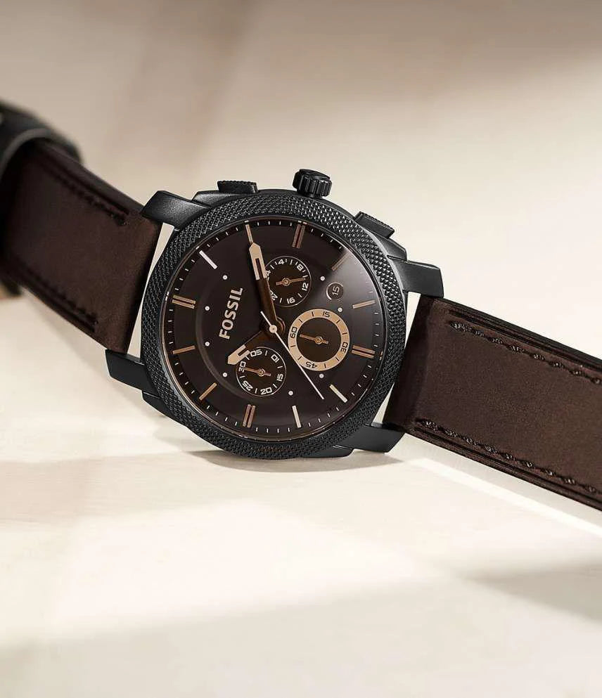 Fossil Chronograph black dial with brown leather strap