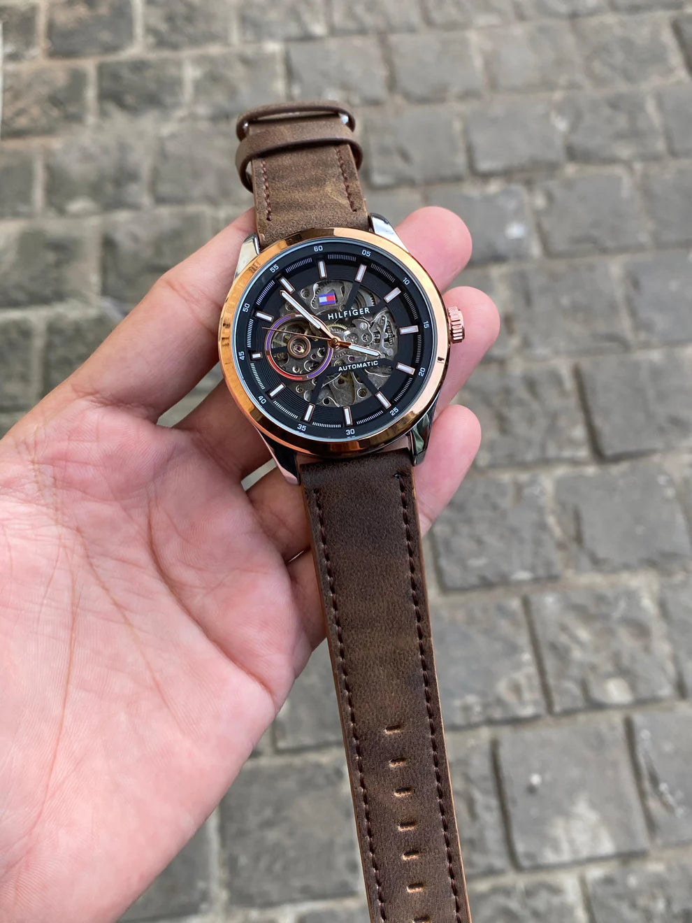 Tommy Two-Tone Black Dial Brown Leather Watch