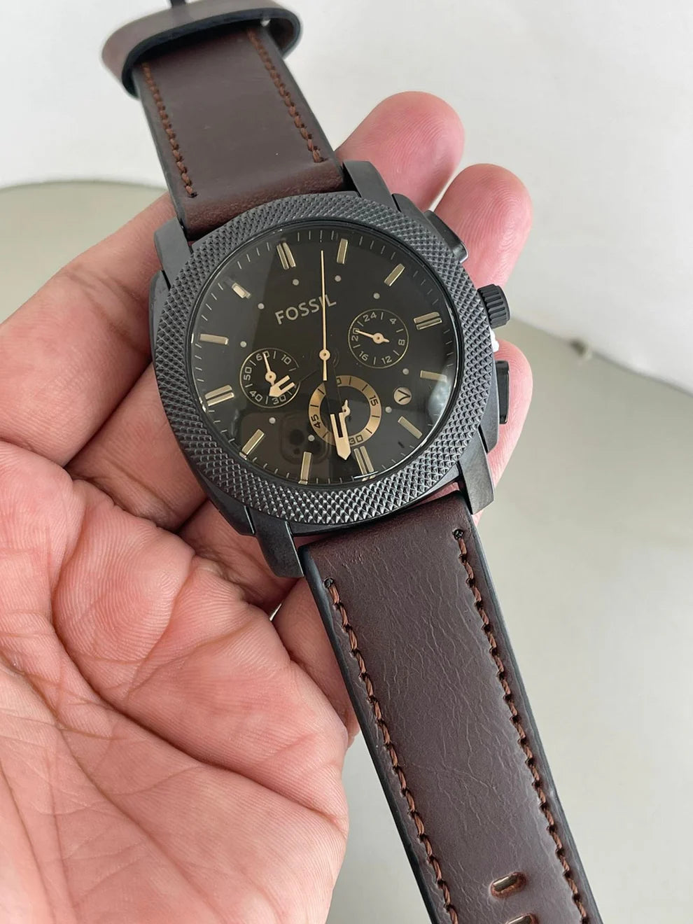 Fossil Chronograph black dial with brown leather strap