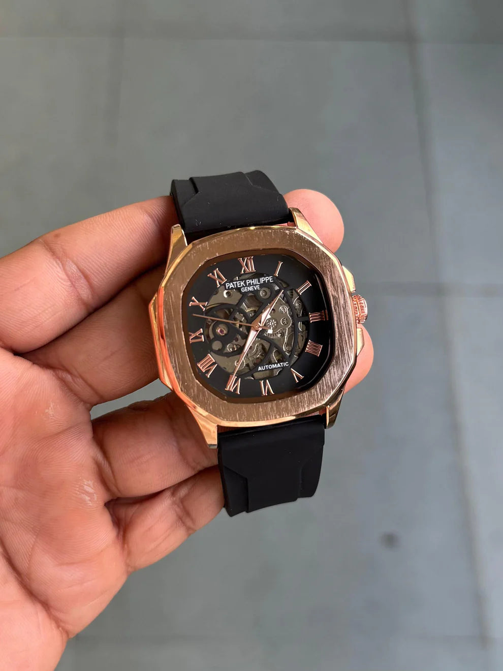 Patek Phillipe Rose Gold Black strap watch