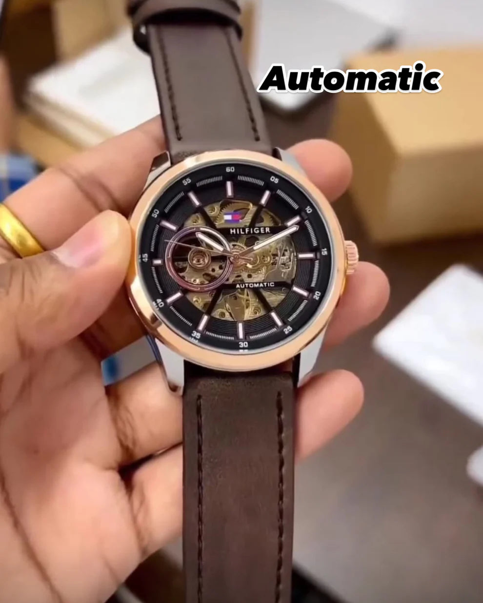 Tommy Two-Tone Black Dial Brown Leather Watch
