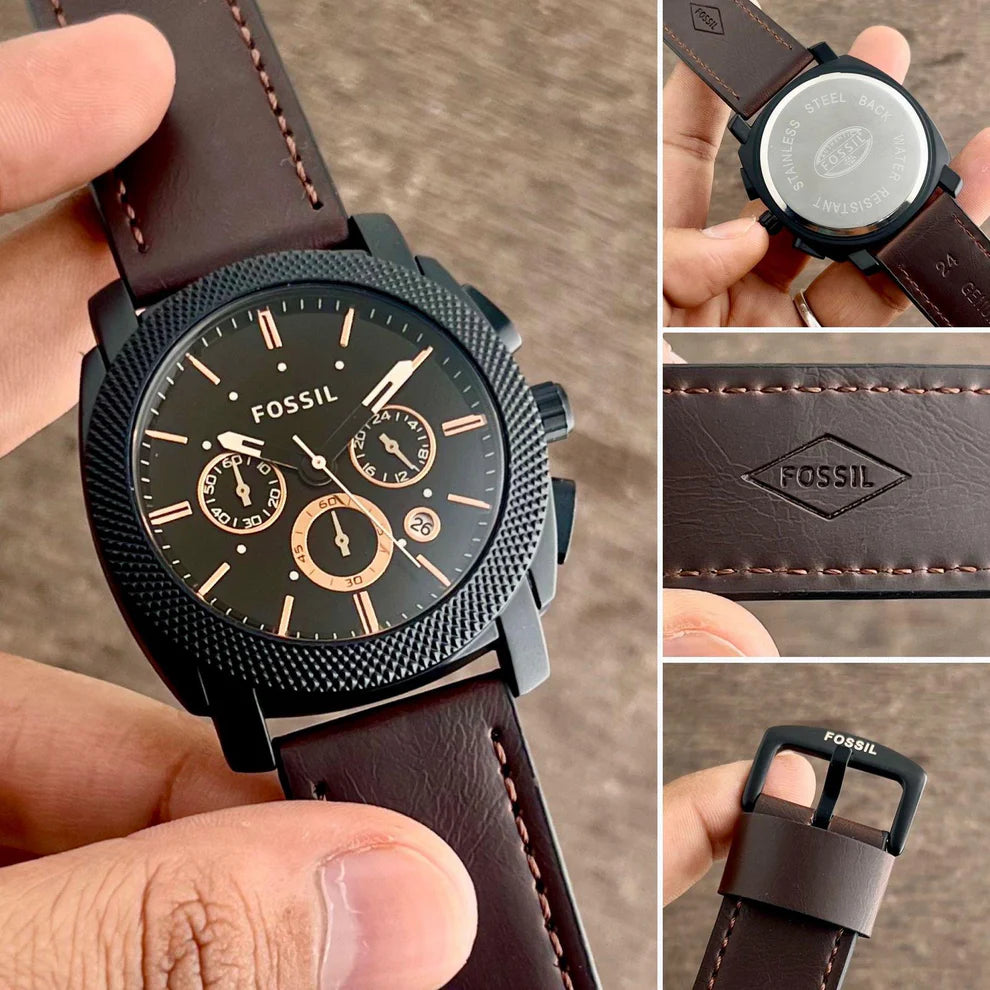 Fossil Chronograph black dial with brown leather strap