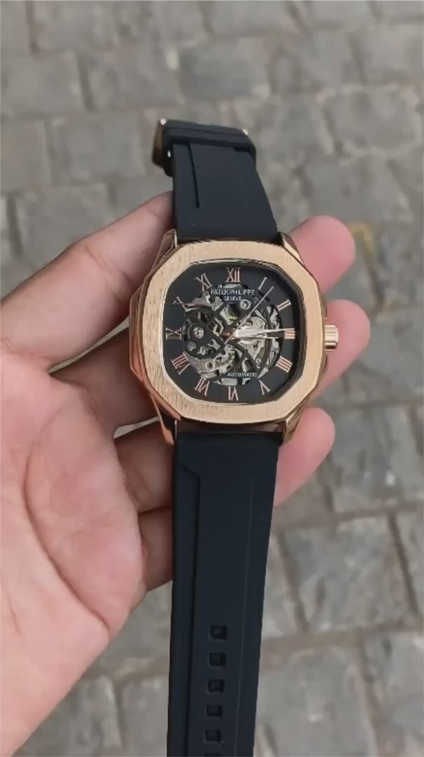 Patek Phillipe Rose Gold Black strap watch
