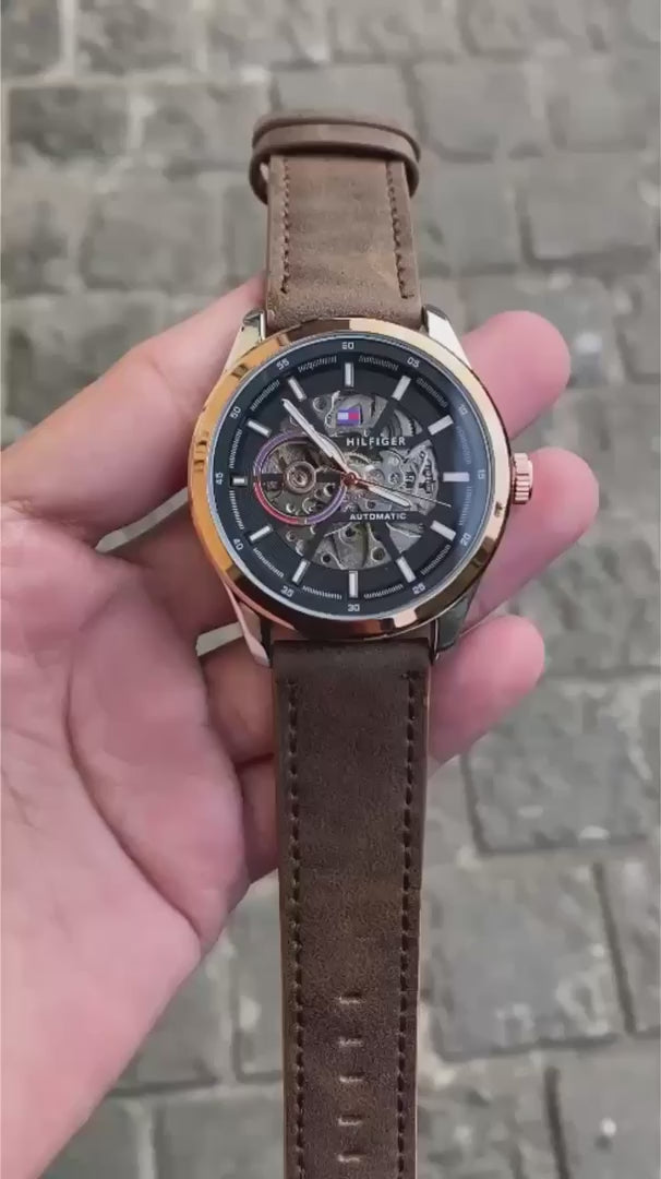 Tommy Two-Tone Black Dial Brown Leather Watch